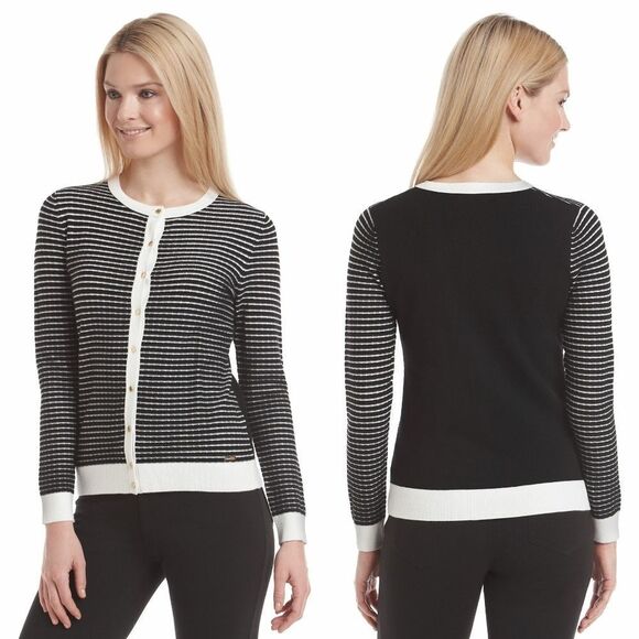 New! CALVIN KLEIN Women's Striped Classic Cardigan Sweater Long Sleeve Size MED - Picture 1 of 4